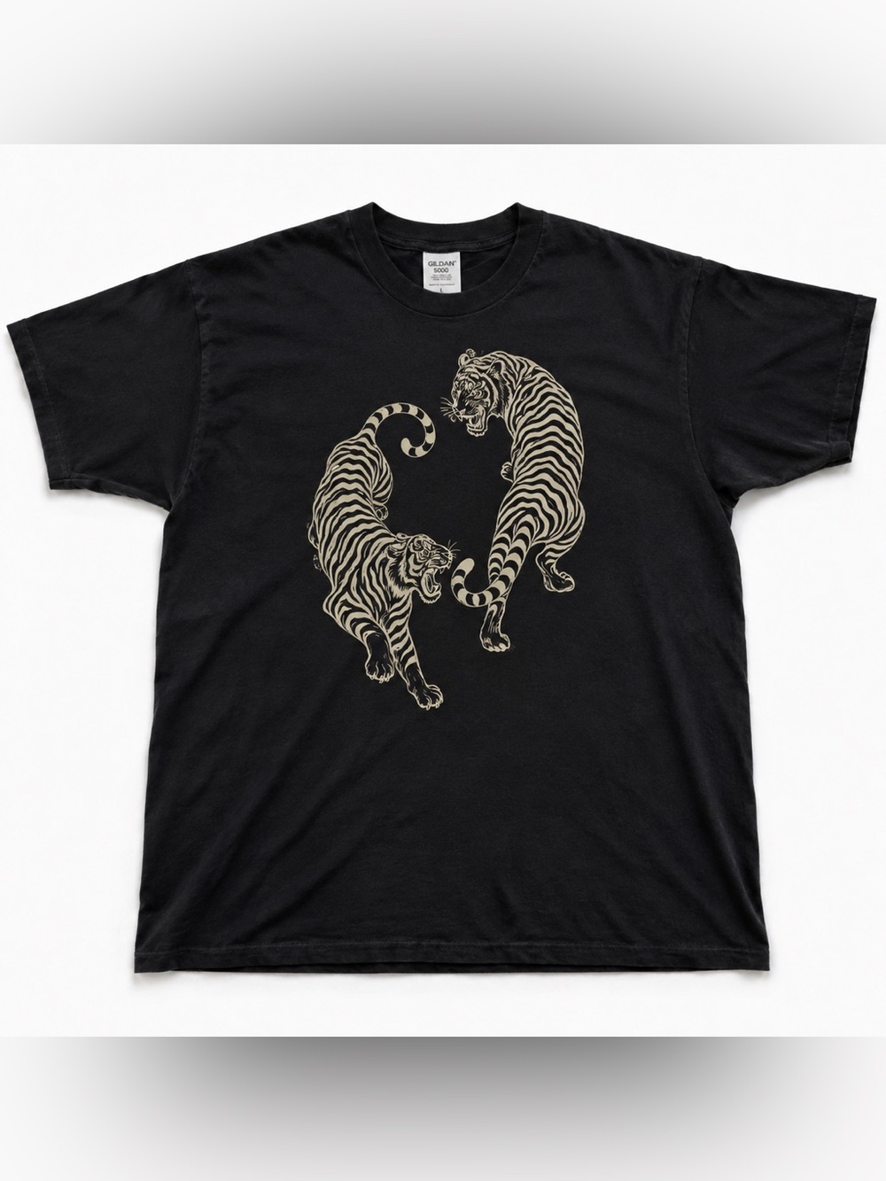 Black Tee with Beige Twin Tiger Graphic